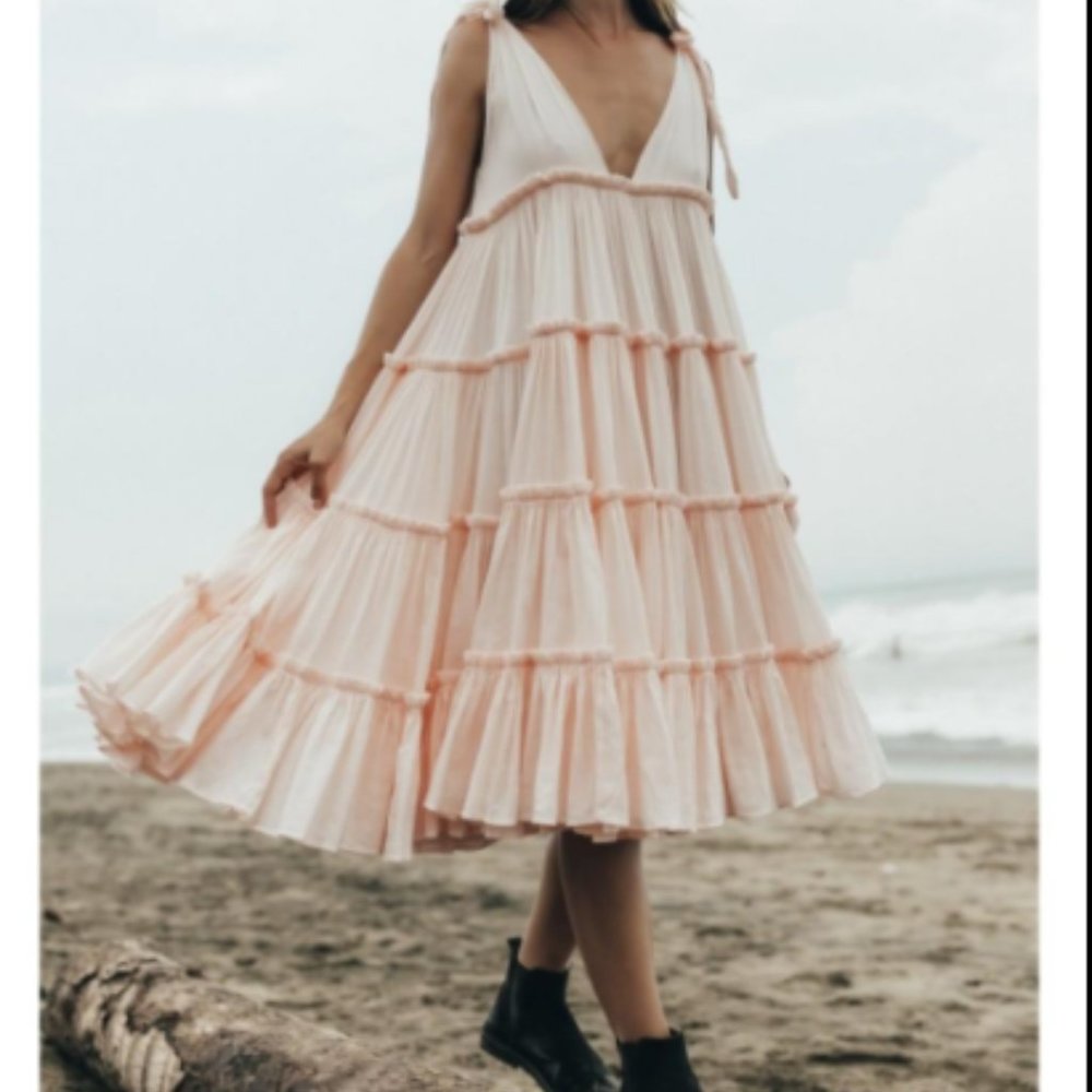 NWT Innika Choo Ramie Big Frill Long Dress- Nue